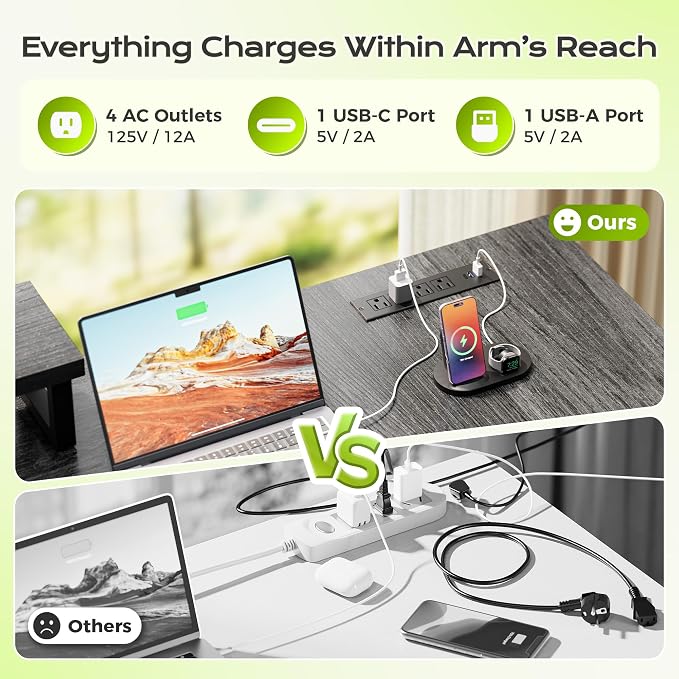 53" L Shaped Computer Desk, Power Outlets, Monitor Stand, Grey | USB-C Ports, Reversible Charging Station, Spacious Desktop & Legroom, 0.94 Inch Thick Desktop, for Gaming, Study & Work