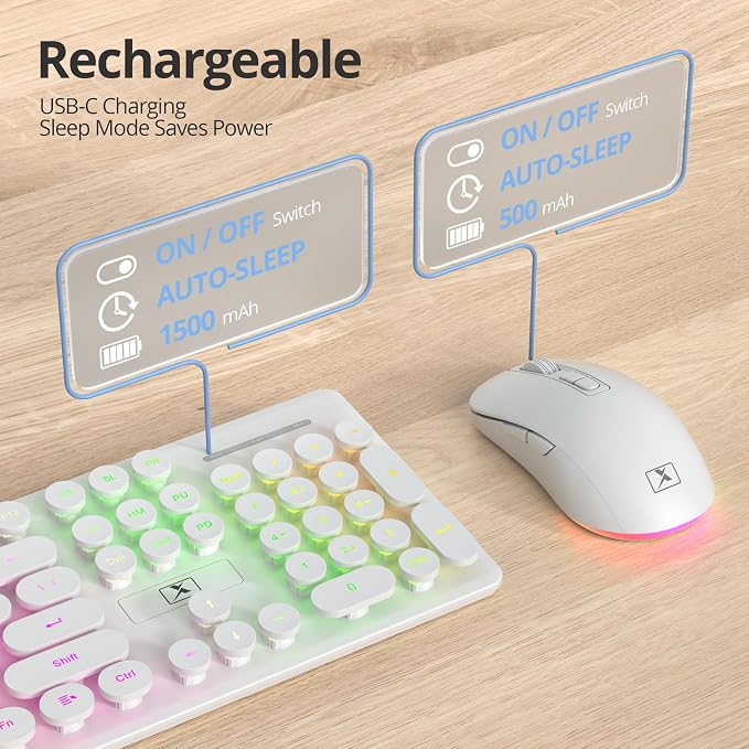 Backlit Wireless Keyboard and Mouse, 2.4GHz Light Up Typewriter Rechargeable Cordless Quiet Keyboard with USB Receiver for PC/Laptop (White)