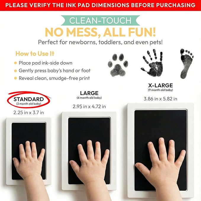 Clean Touch Ink Pad for Baby Handprints and Footprints – Inkless Infant Hand & Foot Stamp – Safe for Babies, Doesn’t Touch Skin – Perfect Family Memory or Gift – Black Standard Size [4 Pack]