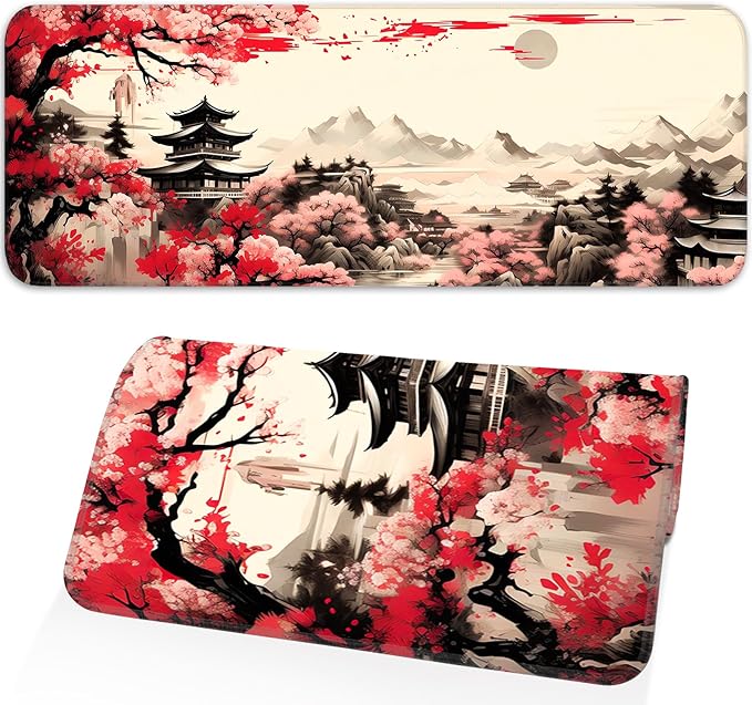 Japanese Sakura Gaming Mouse Pad, Non-Slip Rubber Base, Stitched Edges, for Office, Gaming, Home, 31.5x11.8 Inch, Desktop Decoration