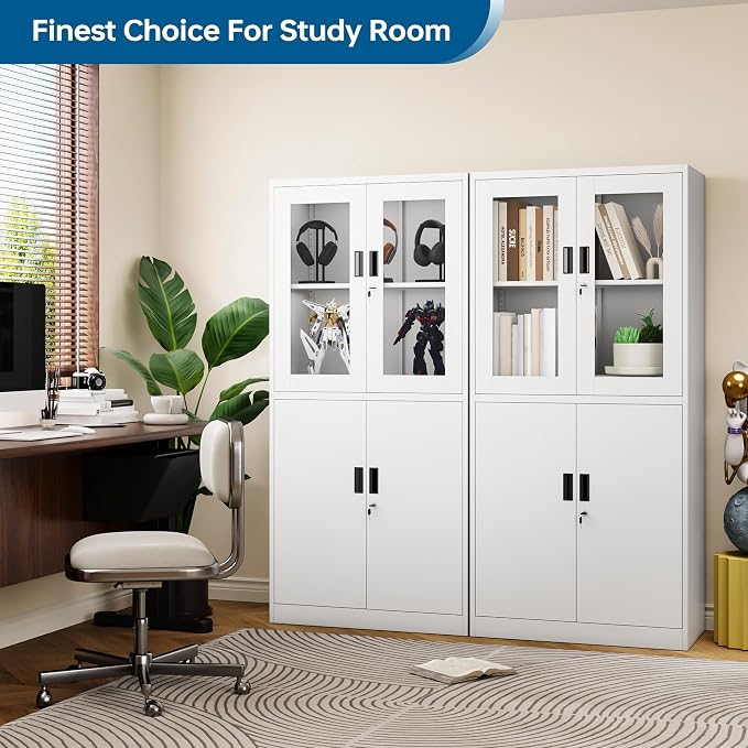 PEUKC Display Storage Cabinet with Glass Door, 71 Inches Metal Curio Cabinet with 2 Adjustable Shelves, Locking Glass Display Case for Home, Office, Clinic, Pantry, Assemble Required(White)