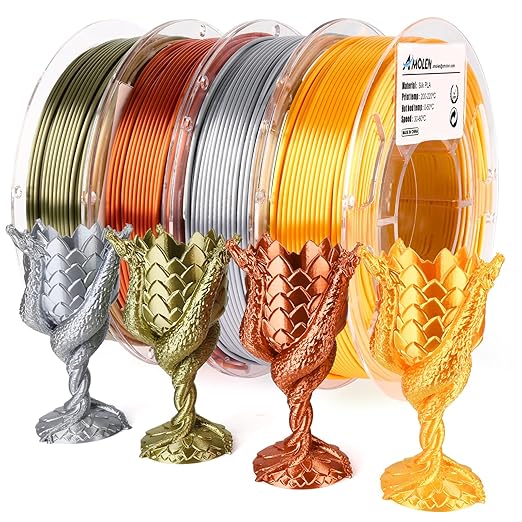 AMOLEN PLA 3D Printer Filament PLA Filament 1.75mm Silk Filament Bundle,Gold, Silver,Bronze, Red Copper,3D Printing Filament Bundle, 200gX 4 Spools