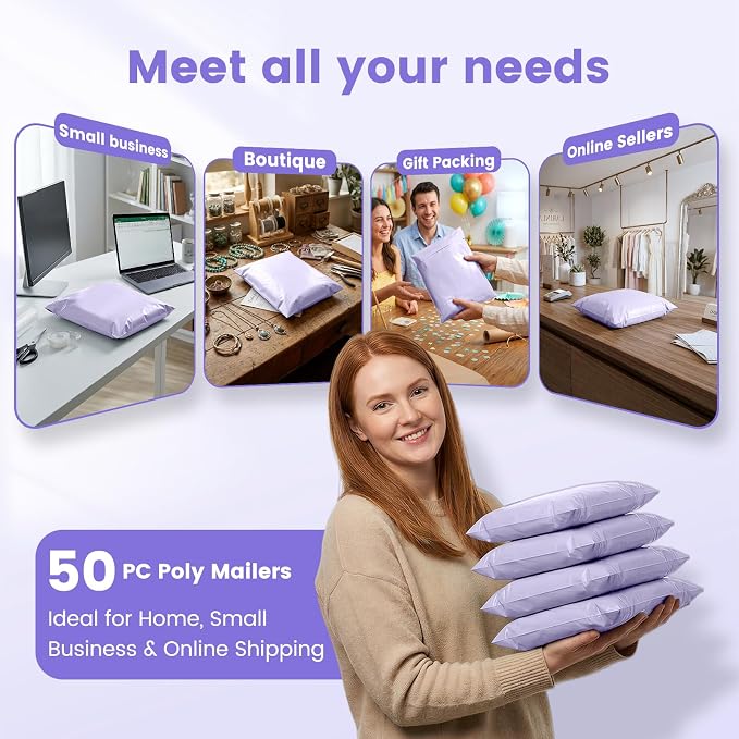 Metronic Poly Mailers 10x13 50 Pack, Small Durable Self Seal Shipping Bags | Waterproof Weather-resistant Tear-resistant Mailing Envelopes, Packaging Bags for Clothing, Small Business, Lilac Purple.