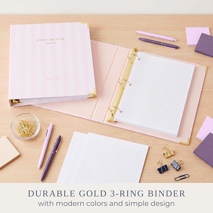 Aesthetic 3 Ring Binder Set of 2 - Sturdy 1 Inch Binder Fits Letter Sized Paper - Striped Three Hole Ring Holder for Women or Men with Pocket Easily Organizes Your Paperwork for School, Office or Work