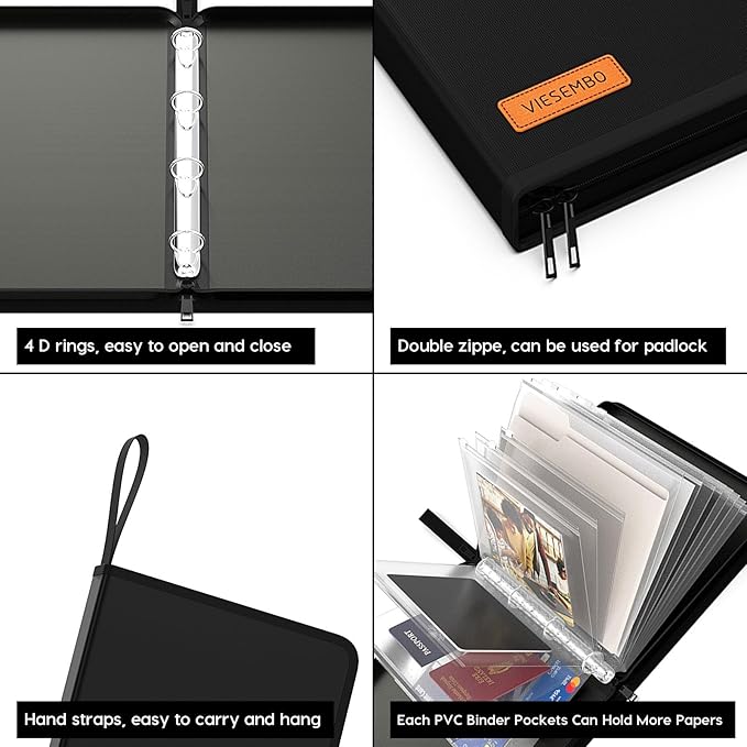 Important Document Organizer Zipper Binder,Fireproof Document Bag for Birth Certificate Protector, Waterproof Bill Organizer in Case I Go Missing Binder for Home Safe, 4 Ring Receipt Holder (Black)