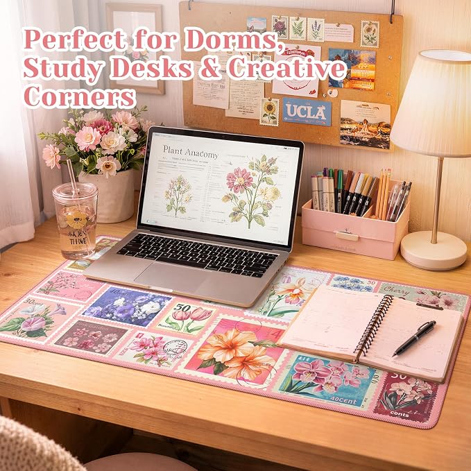 iCasso Floral Desk Pad Mat, XXL Large Mouse Pad, Pastel Pink | Anti-Slip Retro Mousepad with Stitched Edges, Computer Keyboard Mat for Desktop Decor, Aesthetic Office Desk Accessories