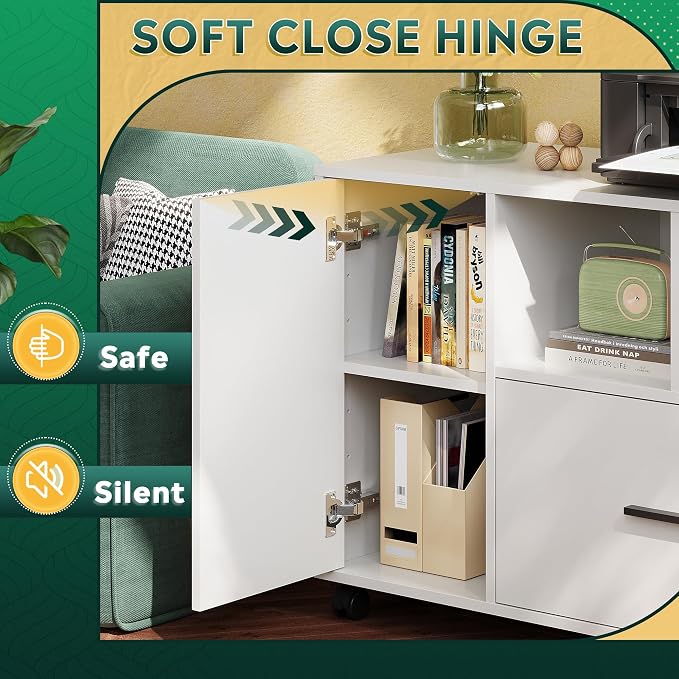 DEVAISE Office File Cabinet with Lock, 1-Drawer Wood Lateral Filing Cabinet on Wheels, Printer Stand with Open Storage Shelves for Home Office, White | Locking & Rolling, Lateral Filing Cabinet, Doors and Shelves, Fits Legal/letter/A4, for Home Office,...