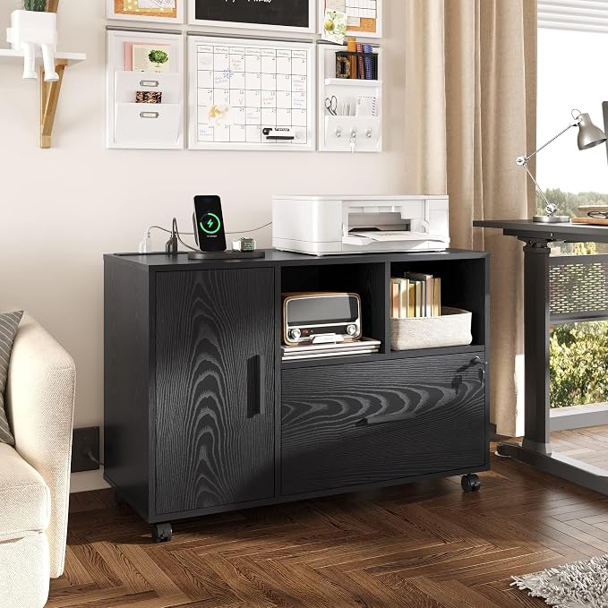 DEVAISE Printer Stand with Storage, Mobile Wood File Cabinet, Black | Locking & Charging Station, Lateral Rolling Filing Cabinet, Doors and Shelves, Fits Legal/letter/A4, for Home Office, Study