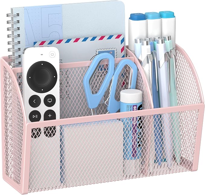 YINGHUA 3 Compartment Magnetic Metal Mesh Pen Holder, Pink Desk Caddy | Perfect magnetic organizer for locker, whiteboard, refrigerator, or office. Easily holds pens and accessories