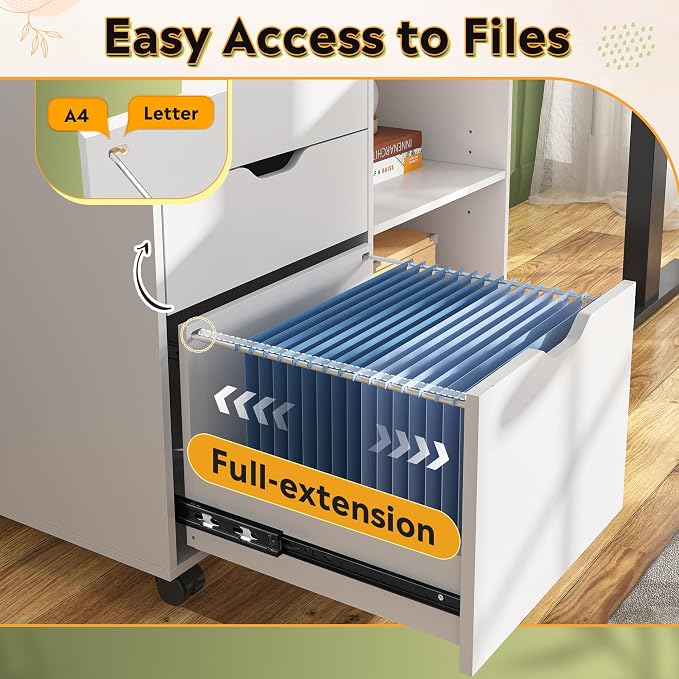 DEVAISE 3 Drawer File Cabinet, Lateral Filing Cabinet White | Mobile Printer Stand, Open Storage Shelves, Letter & A4 Compatible, Wood, Home Office