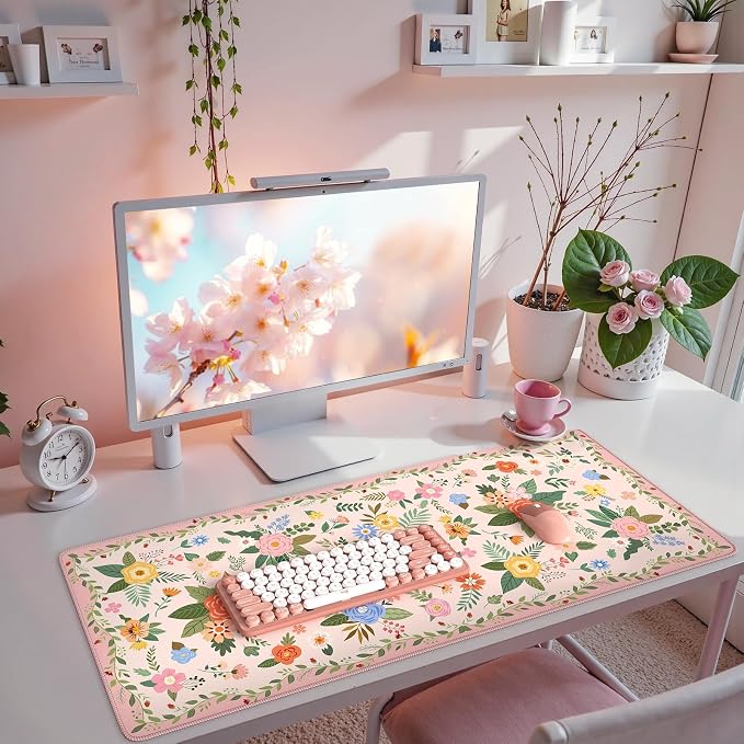 iCasso Floral Desk Mat for Keyboard and Mouse, Pink Floral | Cute Gaming Mouse Pad,Anti-Slip Soft Lycra Surface Computer Mat Women,Girly Big Mousepad for Home Office