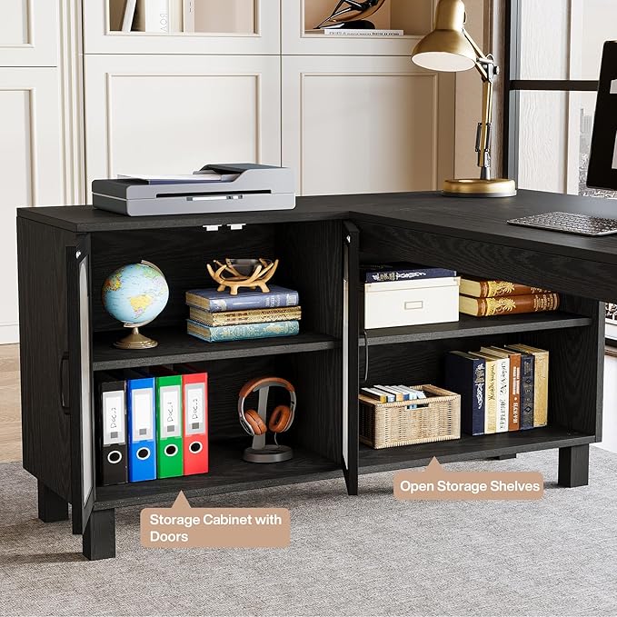Tribesigns L-Shaped Desk with File Cabinet, 59-Inch Executive Office Desk with Storage Shelves, Wooden Study Writing Desk Farmhouse Corner Computer Desk for Home Office, Black