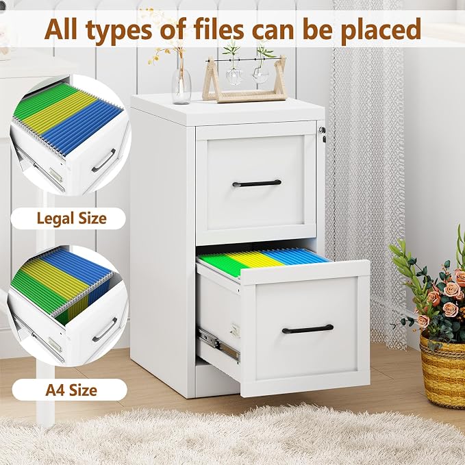 2 Drawer Metal File Cabinet with Lock,Narrow Vertical Filing Storage Cabinets,Steel File Organization for Legal/Letter/A4/F4 Size with Hanging Files,Lockable File Folders for Home Office, White