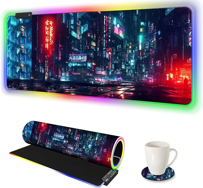 RGB Gaming Mouse Pad Large, Extended Soft Led Mouse Pad with 14 Lighting Modes 2 Brightness, Water Resist Keyboard Pad, Computer Mousepads Mat 35.4x15.7inch, Night City