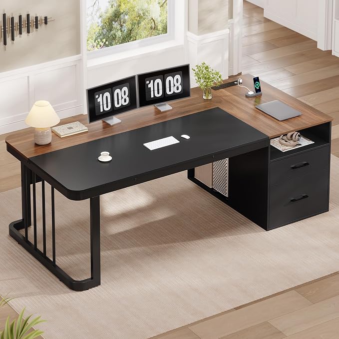 70.9" Executive Desk with Power Outlet, Large Office Desk with Drawers & Lateral File Cabinet, Long Computer Desk with Adjustable Storage Shelves, Modern Workstation Business Furniture (Walnut)