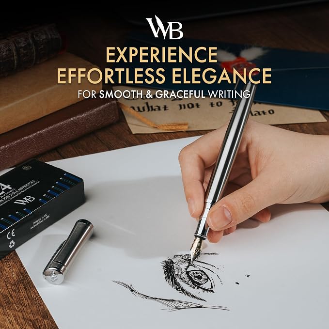 Wordsworth & Black Fountain Pen Set for Writing,Extra Fine Nib, Silver | Gift for Men & Women, Brass Body, 18K German Iridium, Calligraphy, Converter + 24 Ink Cartridges, Refillable, Leak-Free