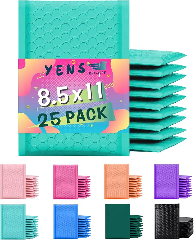 Yens Teal Poly Bubble Mailers 8.5x12 25 Pack Usable 8.5x11 | Waterproof Self Seal Adhesive Shipping Bags, Cushioning Padded Envelopes for Shipping, Mailing, Packaging