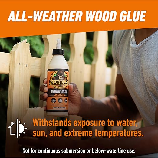 Gorilla Ultimate Waterproof Wood Glue, Natural Wood Color, 18 Ounce (Pack of 2) - Waterproof for Indoor or Outdoor Projects and Repairs