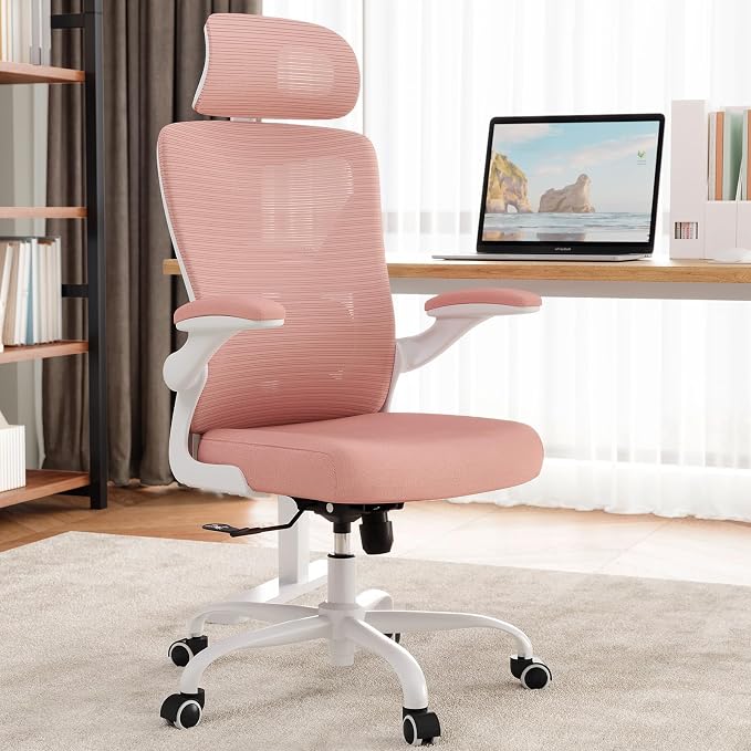 Ergonomic Office Chair: Mesh Desk Chair Comfy with Headrest& Lumbar Support | Ergalithic Big and Tall Office Chairs with Wheels & Flip-Up Arms-Computer Gaming Chairs for Adults Home Office Chairs(Pink)