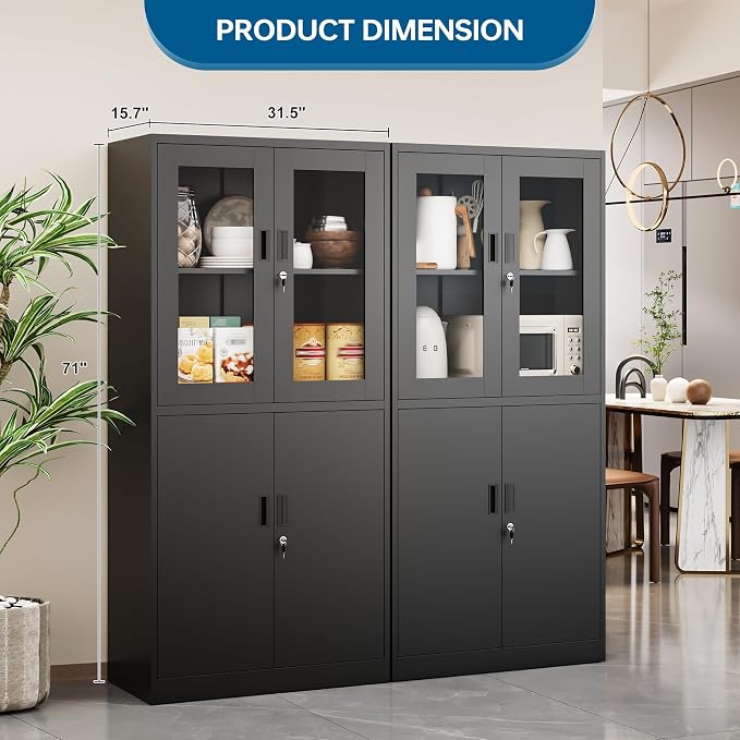 PEUKC Display Storage Cabinet with Glass Door, 71 Inches Metal Curio Cabinet with 2 Adjustable Shelves, Locking Glass Display Case for Home, Office, Clinic, Pantry, Assemble Required (Black)