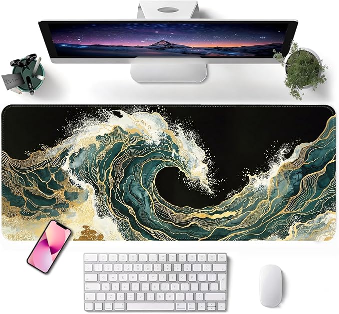 Mouse Pad, Desk Mat, 31.5x11.8in Large Mousepad, Blue Gold Waves | Desk Pad with Stitched Edge & Rubber Non-Slip Bottom, Gaming Mouse Pad, Extended Mousepad for Home, Office