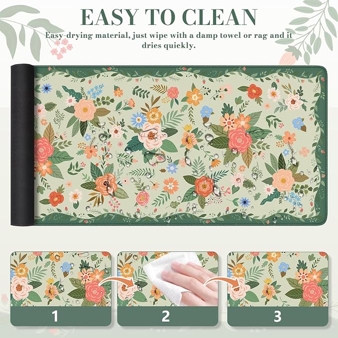 iCasso Floral Desk Mat for Keyboard and Mouse,Green Floral | Cute Gaming Mouse Pad,Anti-Slip Soft Lycra Surface Computer Mat Women,Girly Big Mousepad for Home Office