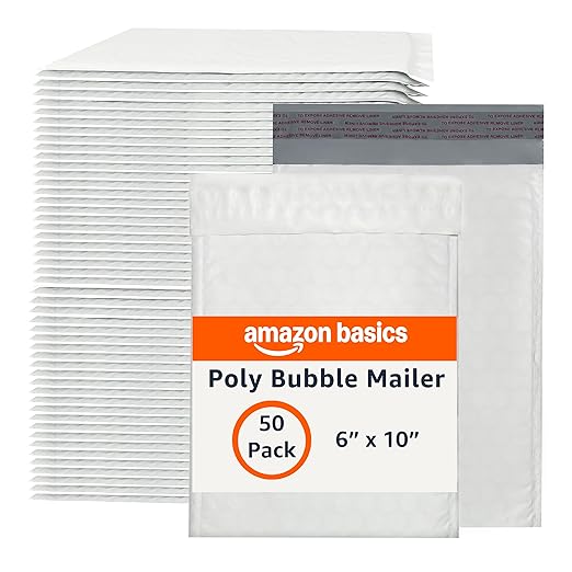 Amazon Basics Poly Bubble Self-Seal Mailers, Tear and Water Resistant Shipping Bags, 6" x 10", White/Grey, 50-Pack