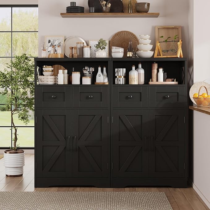 Farmhouse Storage Cabinet Set of 2, Small Kitchen Pantry Coffee Bar Cabinet | Accent Buffet Cabinet Cupboard, 2 Storage Drawers, Barn Doors & Adjustable Shelves, for Kitchen/Entryway/Bathroom, Black