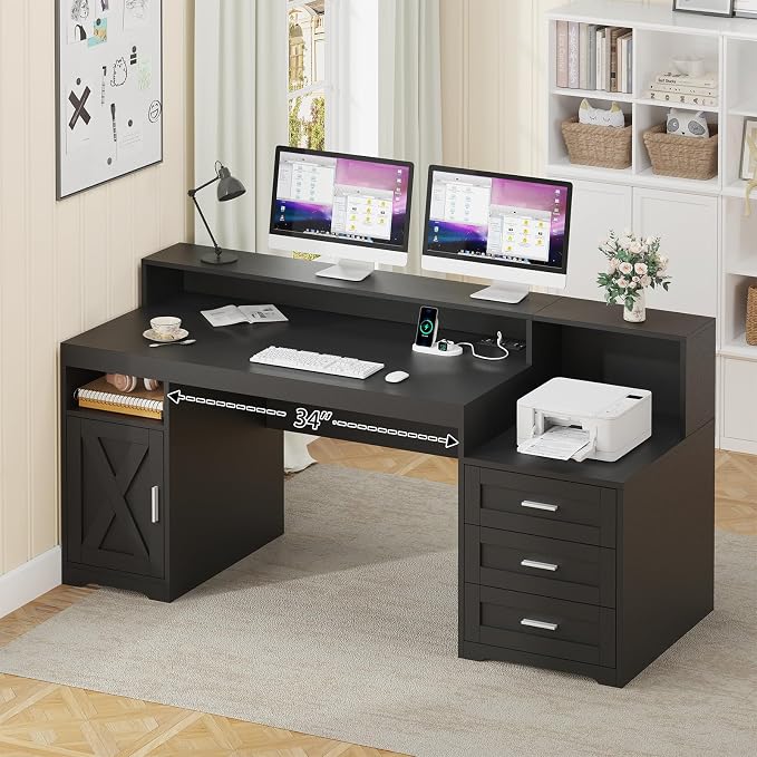 65" Farmhouse Computer Desk with Drawers and Printer Stand for Home Office | Office Desk with Power Outlets and Storage Cabinet, Study Writing Desks with Long Monitor Stand, Black