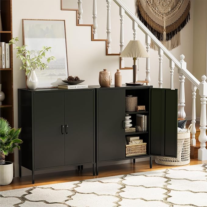 COFaR Black Metal Storage Cabinet, 40” Industrial Kitchen Organizer & Buffet Sideboard, 3-Tier Steel Cabinet with Adjustable Shelves, Magnetic Doors for Coffee Bar, Office, Dining Room