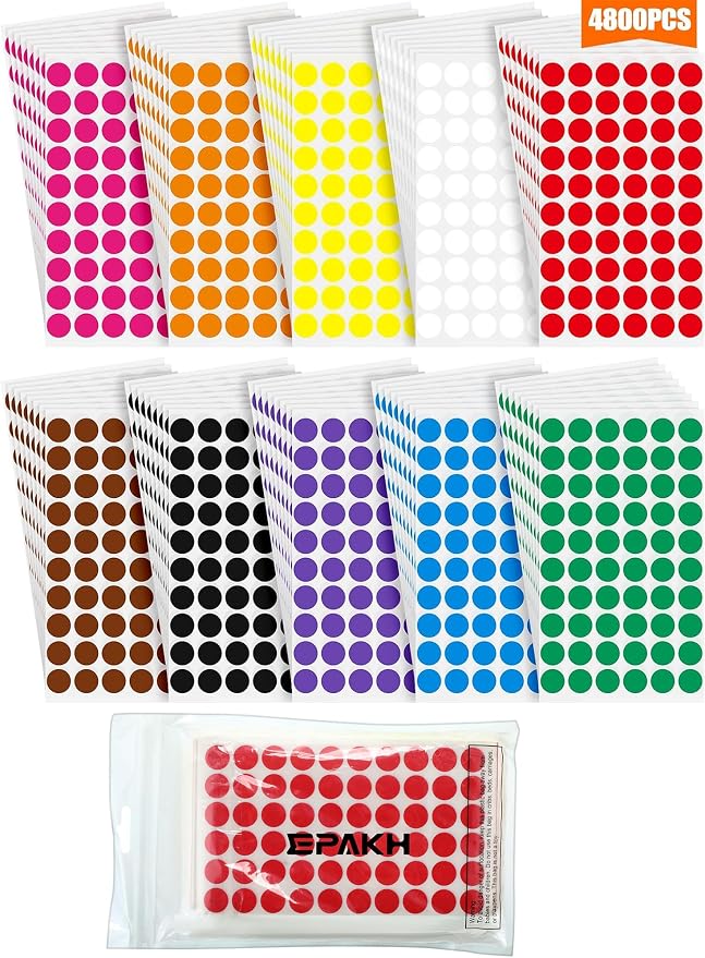 Epakh 4800 Pieces 1/2 Inch Colored Dot Stickers Round Labels 10 Colors | Circle Labels for Marking Organizing, Color Coding Adhesive, For Office Classroom Home Storage, Easy Peel Application
