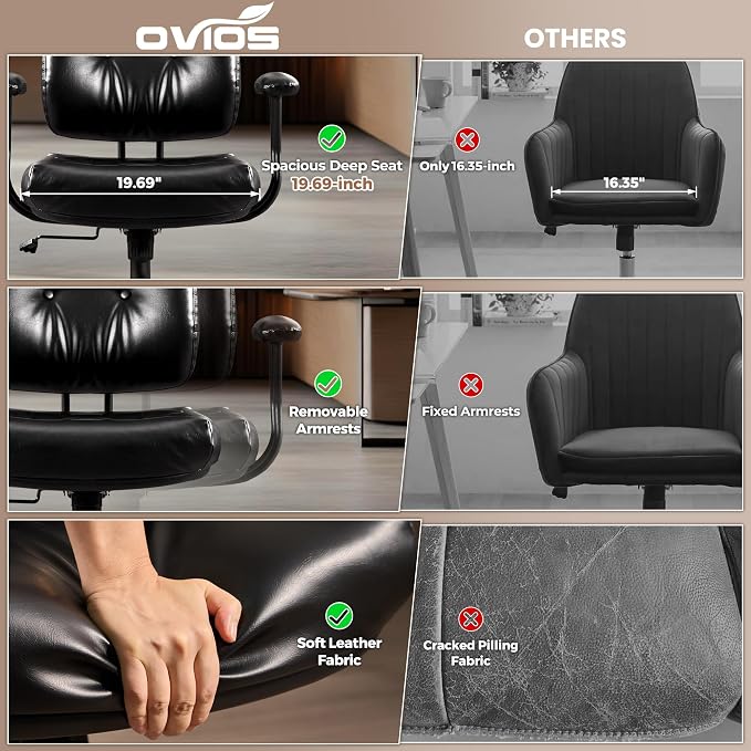 ovios Home Office Chair with Thick Cushion, Mid-Century Modern Faux Leather Ergonomic Chairs, Mid Back Swivel Rolling Computer Executive Armchair (Black, PU Leather)
