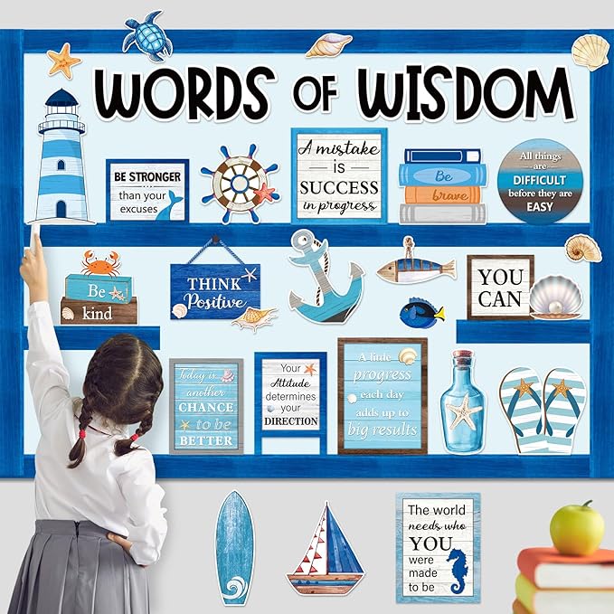 Mooliwe 57 Pcs Nautical Bulletin Board Decor Cutouts for Classroom Teacher | Inspirational Ocean Quotes, Nautical Theme with Anchors Sailboat Lighthouse, For School Office Wall, Motivational Cutouts
