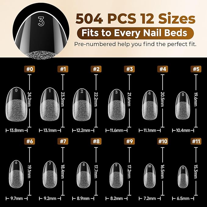 UNA GELLA Oval Fake Nails Pre-shape 504pcs Almond Gel Nail Tips Round Almond Press on Nails for Full Cover Acrylic Round Oval Full Nails False Nails 12 Sizes False Soft Gel Tips