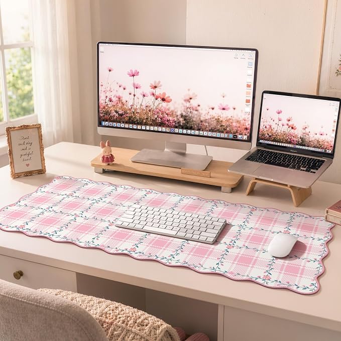 iCasso Light Pink Scalloped Writing Pad, 35.4"x15.7" Table Mat for Desk | Retro Non-Slip Base Scalloped Mousepad for Classroom, Floral Desk Pad Stitched Edges for Gaming Office Study Space