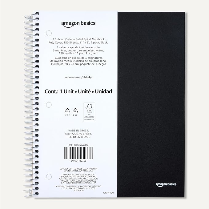 Amazon Basics College-Ruled 3-Subject Spiral Notebook, 150 Sheets, 8.5 x 11 inches, Black
