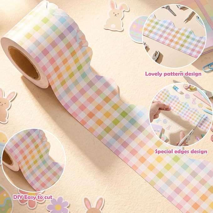 32.8 Ft Pastel Gingham Bulletin Borders Classroom Scalloped Trim | Rainbow Pastel Scalloped Trim, Classroom Office Borders, Easy Cut Adhesive Backing for Bulletin Display Party Decorations