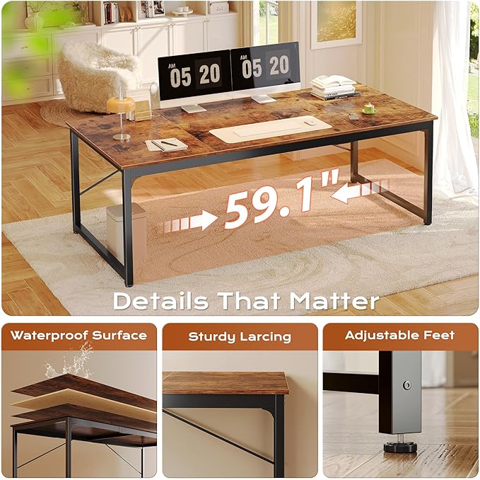 63 X 29.5 Inch Computer Desk with Deeper Desktop, Gaming Office Writing Work Desk for Home Office, Study, Bedroom, Work from Home, Metal Frame, Rustic Brown