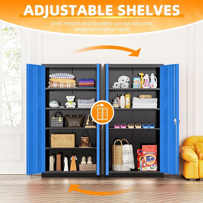Metal Storage Cabinet with Lock, 72" H Garage Cabinets with Doors and Adjustable Shelves, Lockable Metal Cabinets for Garage, Home, Office(Black-Blue)