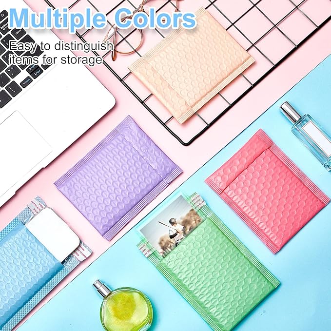 Gueevin 200 Pcs Bubble Mailer 4 x 6 Inch Small Shipping Bags Waterproof Padded Envelopes Self Adhesive Poly Bubble Packaging Envelopes Bulk for Shipping Mailing Trading Card Packaging (Pastel Color)
