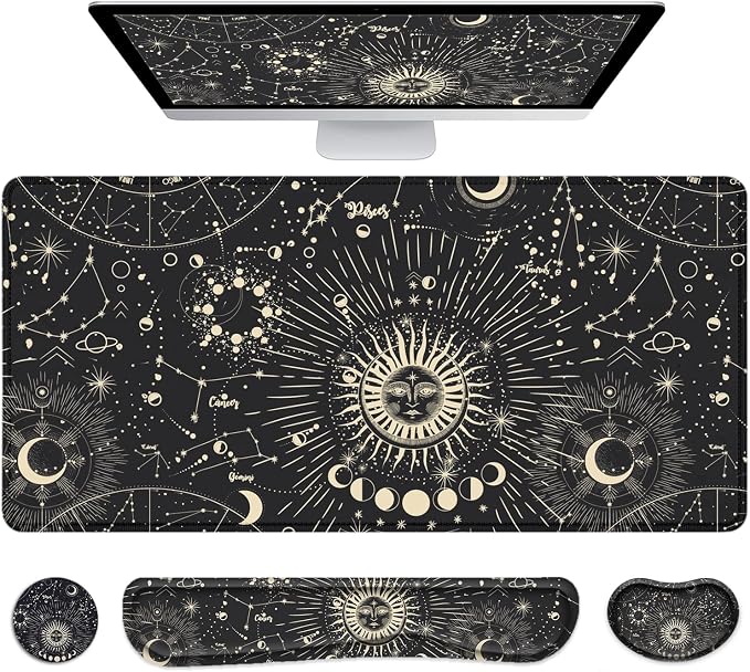 Large Mouse Pad with Wrist Rest, 4-in-1 Wrist Rest for Keyboard and Mouse | Non-Slip Waterproof Desk Mat Set, 35.4"x15.7" Desk Mat+Keyboard Wrist Rest+Mouse Wrist Support+Cup Coaster for Home Office