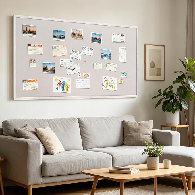 SELEAD Double-Sided Linen and Cork Bulletin Board (48"x24", Oatmeal White) | 2-in-1 Fabric Linen & Cork Pin Board, White Wood Frame Wall Decor Photo Display Vision Board for Home Family, Office, Kitchen