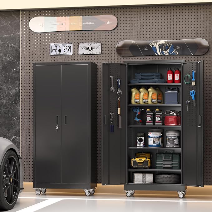 71" Metal Storage Cabinet with Wheels, Pegboard, Lock, 5 Shelves (Pack of 2)