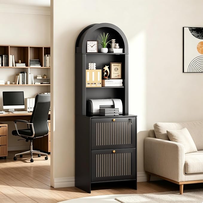 64.8"H Arched 2 Drawer File Cabinet, Farmhouse Vertical Cabinet with Lock | Vertical Filing Cabinet Fits Letter,Legal,A4 Hanging Folders,with Printer Stand Storage Bookshelf for Home Office,Living Room