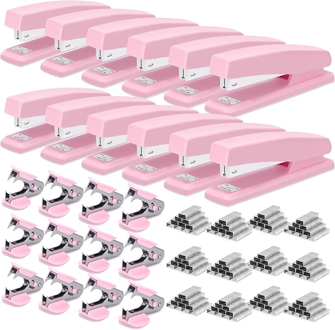 Deli Stapler, 12 Pack Staplers, 12000 Staples and 12 Staple Removers, Pink | Staplers for Desk, 25 Sheet Capacity