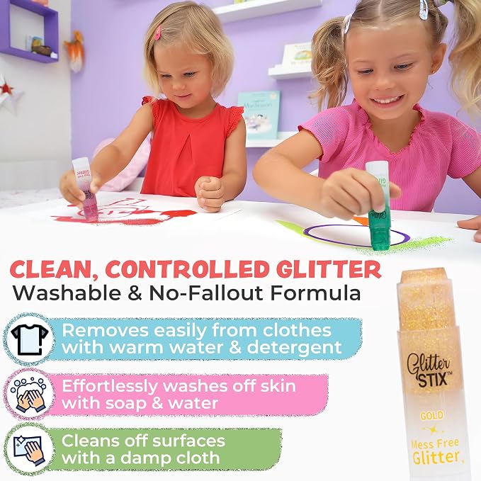 Glitter Stix Mess-Free Glitter Sticks, Set of 12 Colors - Solid Shimmer Topcoat for Coloring Pages, Crafts & Art Projects, No Loose Glitter or Glue, Pairs with Kwik Stix Paint Sticks for Kids