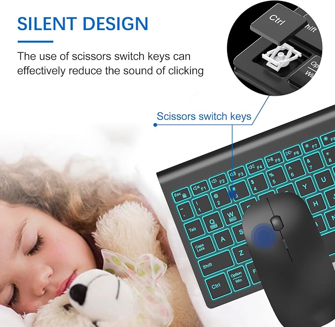 Wireless Backlit Keyboard and Mouse Ultra Slim Combo, TopMate - Matte Black | 2.4G Silent Compact 2400DPI Mouse and Scissor Switch Keyboard Set, Batteries Included, for PC/Laptop/Windows/Mac/Gaming