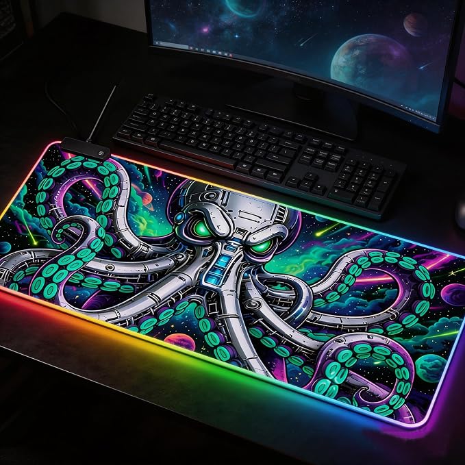 Cyberpunk Mechanical Octopus RGB Gaming Mouse Pad – 31.5"x11.8" XL LED Desk Mat with Neon Space Kraken Design, Upgraded Type-C Powered for PC & Laptop Setup