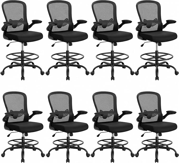 ErGear Drafting Chair, Standing Desk Chair with Flip-Up Armrests, High Desk Chair Adjustable Height, Ergonomic Tall Office Chair with Lumbar Support and Adjustable Footrest Ring,8 Pack