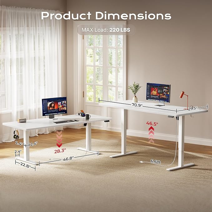 Huuger 71 X 30 Inch Electric Standing Desk with Power Outlets and USB-C Port, Height Adjustable Desk, Sit Stand Desk for Home Office, Computer & Gaming Desk with 4 Presets, Stable Steel Frame, White